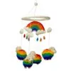 Handcrafted needle-felted nursery mobile featuring a rainbow, clouds, and multi-coloured felt sheep.
