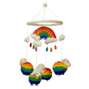 Handcrafted needle-felted nursery mobile featuring a rainbow, clouds, and multi-coloured felt sheep.
