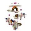Handmade felted wool baby mobile featuring winged unicorns, clouds, and a colourful rainbow.