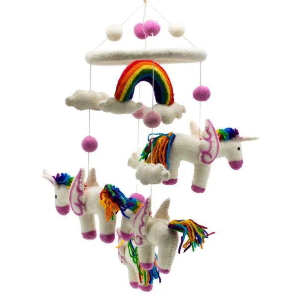 Handmade felted wool baby mobile featuring winged unicorns, clouds, and a colourful rainbow.