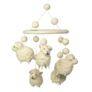 Handmade white felt sheep baby mobile with hanging cream spheres for nursery decor.