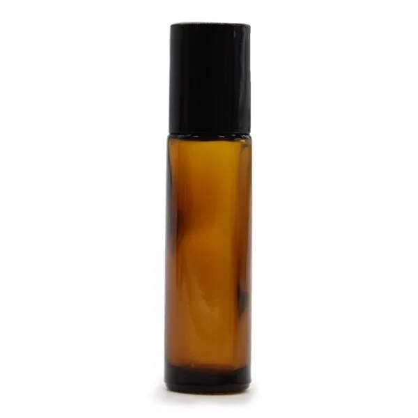 Amber glass essential oil roll-on bottle with a black screw cap.