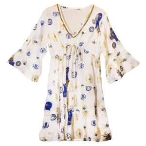 Nomad Sari Evil Eye Dress – White, Blue and Gold – Size L/XL