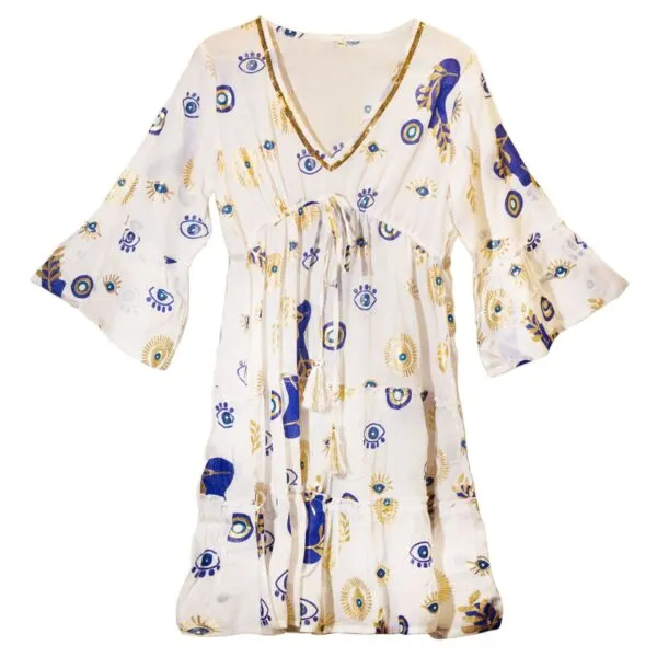 Nomad Sari Evil Eye Dress – White, Blue and Gold – Size M/L