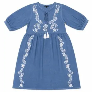 Nomad Sari On the Med Collection - Dress - Dusky Blue with Embroidery and Tassels (L-XL)