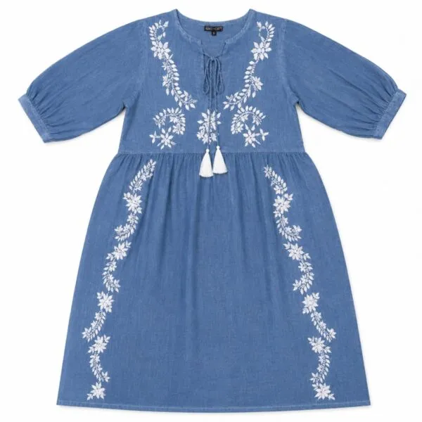 Nomad Sari On the Med Collection - Dress - Dusky Blue with Embroidery and Tassels (L-XL)
