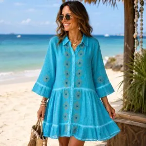 Nomad Sari On the Med Collection - Tunic Dress - Turquoise with Evil Eye Block Print (M-L)