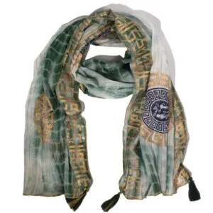 bG9jYWw6Ly9tZWRpYS85Si9KRC82MFIzMEMxSjY4UjNKRDlKLzVhZmQxY2FhLmpwZw.webp Nomad Sari Summer Marbella Print Scarf - Green with Gold (180x50cm)