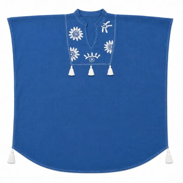 Nomad Sari On the Med Collection - Kaftan - Blue with Cream Embroidery and Tassels