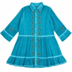 Nomad Sari On the Med Collection - Tunic Dress - Turquoise with Evil Eye Block Print (L-XL)