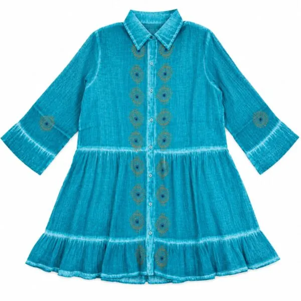 Nomad Sari On the Med Collection - Tunic Dress - Turquoise with Evil Eye Block Print (L-XL)