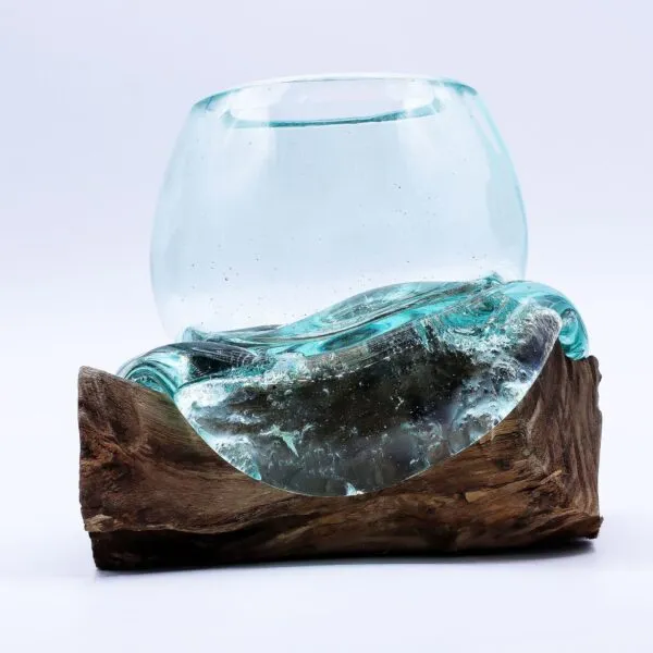 Molten Glass Mini Goldfish Bowl on Wood 20cm