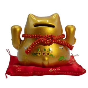 Ceramic Money Cat Bank - Gold on Cushion