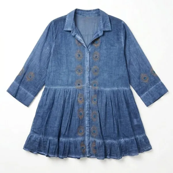 Nomad Sari On the Med Collection - Tunic Dress - Dusky Blue with Evil Eye Block Print (M-L)