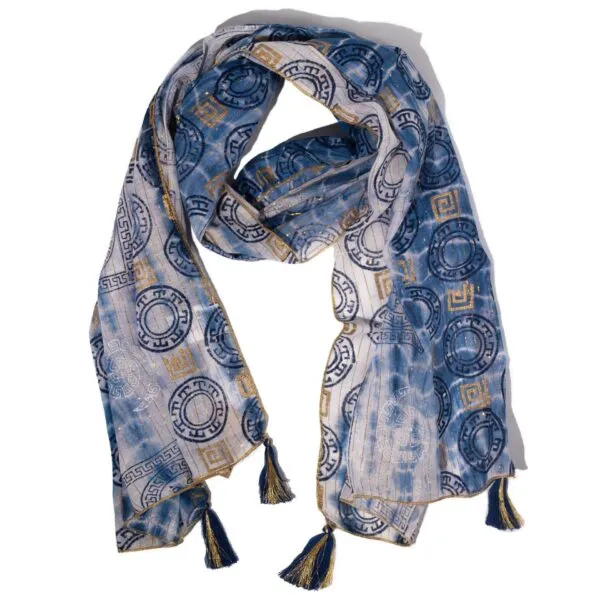 Nomad Sari Summer Marbella Print Scarf - Blue with Gold (180x50cm)