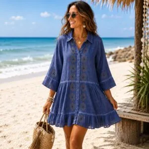 Nomad Sari On the Med Collection - Tunic Dress - Dusky Blue with Evil Eye Block Print (M-L)