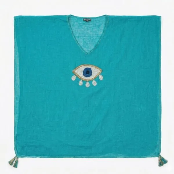 Nomad Sari On the Med Collection - Kaftan - Turquoise with Gold and White Large Evil Eye