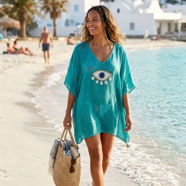 Nomad Sari On the Med Collection - Kaftan - Turquoise with Gold and White Large Evil Eye