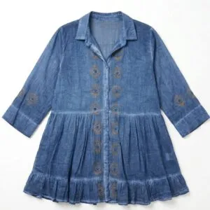 Nomad Sari On the Med Collection - Tunic Dress - Dusky Blue with Evil Eye Block Print (L-XL)