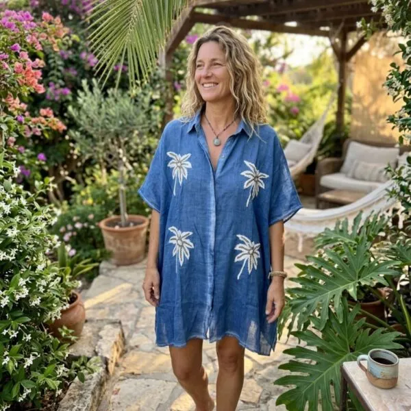 Nomad Sari On the Med Collection - Kaftan - Blue with Gold and White Palm Tree Decor