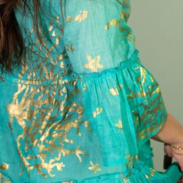Nomad Sari Turquoise and Gold Coral Print Dress (L/XL)