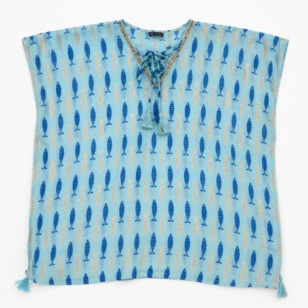 Nomad Sari On the Med Collection - Kaftan - Turquoise and Blue Bold Fish Print
