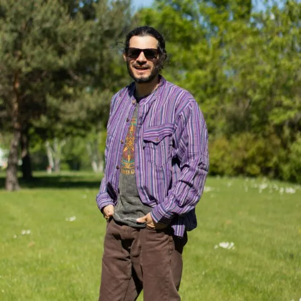 Nomad Sari Grandad Shirt - Black Purple - Large