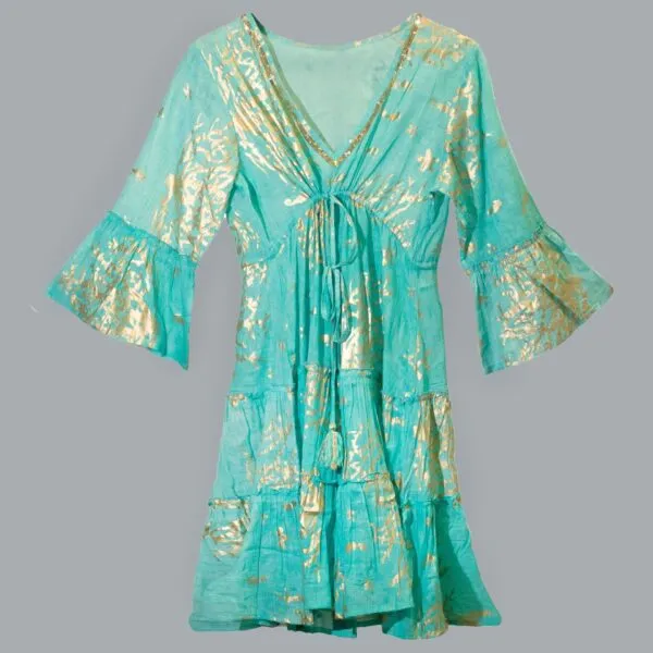 Nomad Sari Turquoise and Gold Coral Print Dress (M/L)