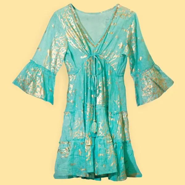 Nomad Sari Turquoise and Gold Coral Print Dress (L/XL)