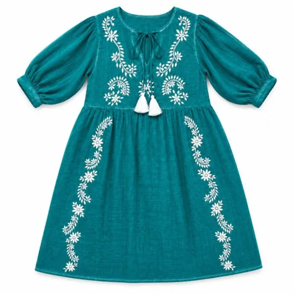 Nomad Sari On the Med Collection - Dress -  Turquoise with Embroidery and Tassel (M-L)