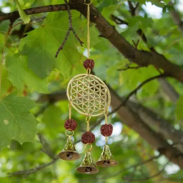 Indian Chimes - Brass Flower of Life with Rudraksha Beads - 3 Bells