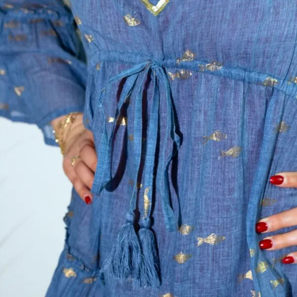 Nomad Sari Sea Blue and Gold Fish Print Dress (M/L)