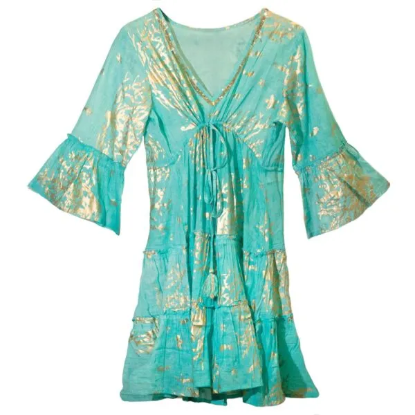 Nomad Sari Turquoise and Gold Coral Print Dress (L/XL)