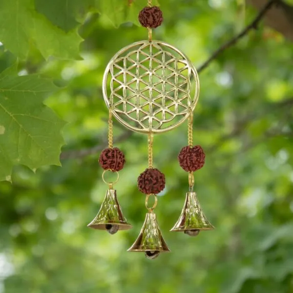 Indian Chimes - Brass Flower of Life with Rudraksha Beads - 3 Bells
