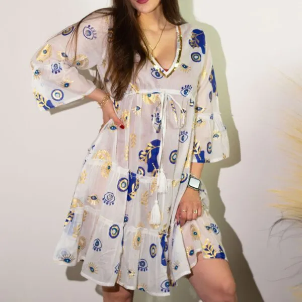 Nomad Sari Evil Eye Dress – White, Blue and Gold – Size M/L