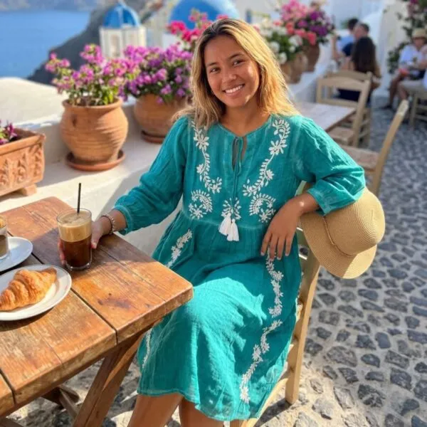 Nomad Sari On the Med Collection - Dress -  Turquoise with Embroidery and Tassel (L-XL)