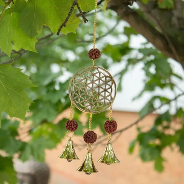 Indian Chimes - Brass Flower of Life with Rudraksha Beads - 3 Bells