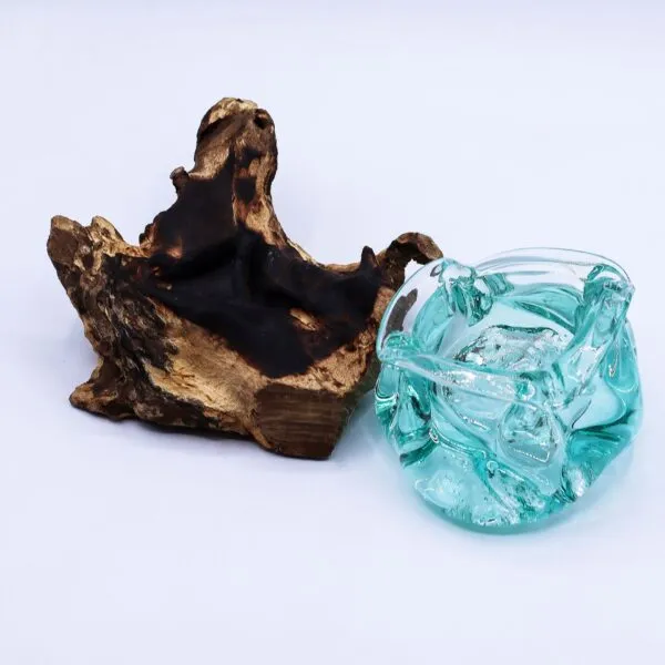 Molten Glass Chunky Ashtray / Candle Holder on Wood 23cm