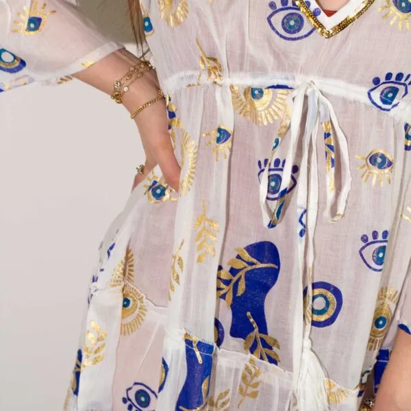 Nomad Sari Evil Eye Dress – White, Blue and Gold – Size M/L