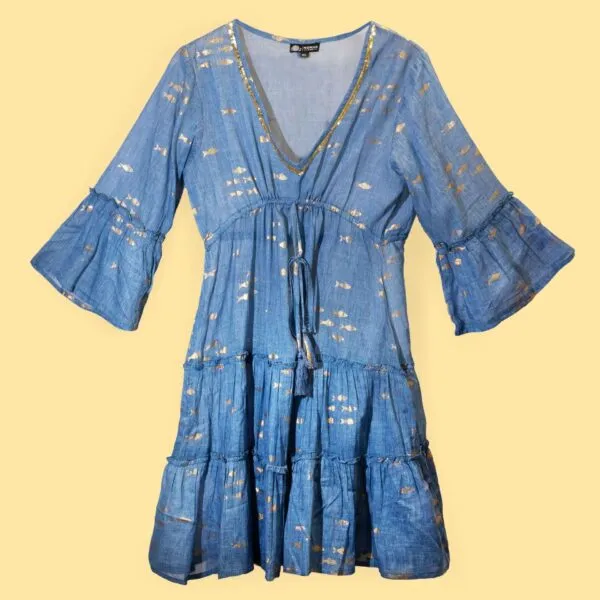 Nomad Sari Sea Blue and Gold Fish Print Dress (L/XL)