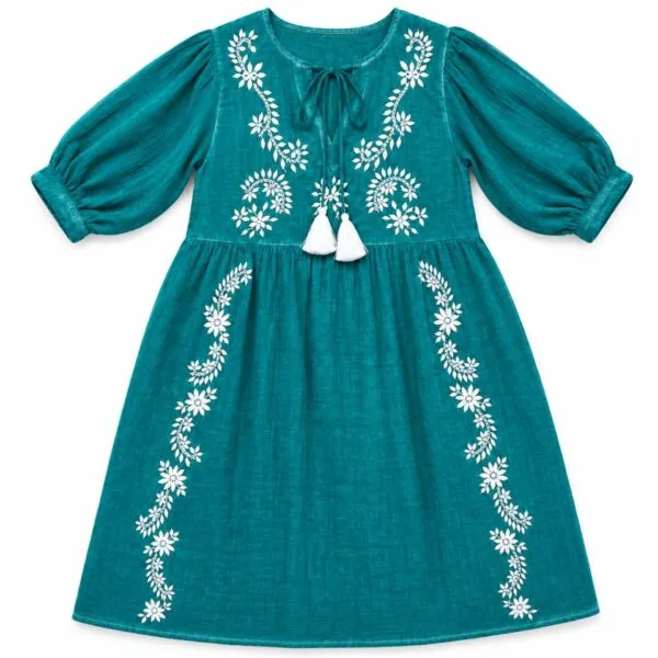 Nomad Sari On the Med Collection - Dress -  Turquoise with Embroidery and Tassel (L-XL)