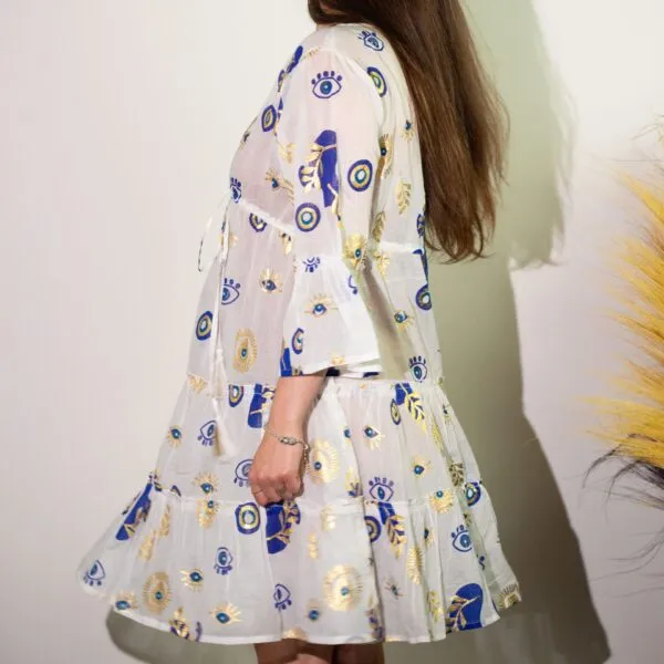 Nomad Sari Evil Eye Dress – White, Blue and Gold – Size M/L