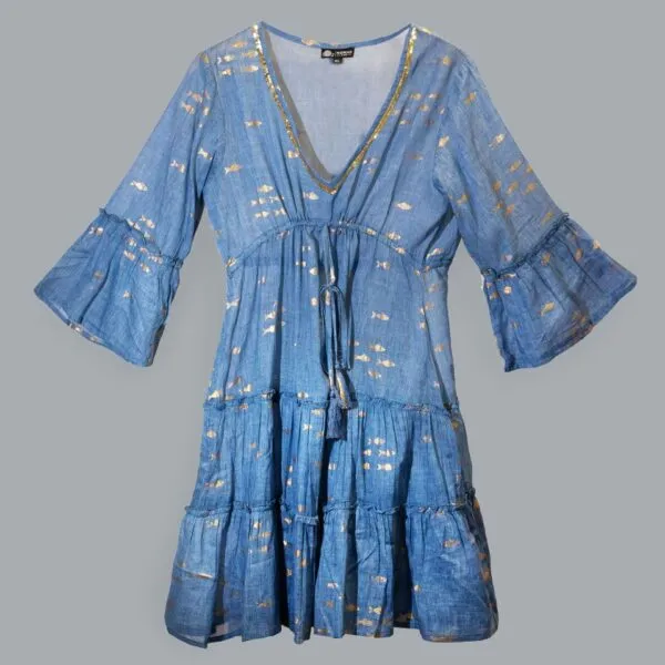 Nomad Sari Sea Blue and Gold Fish Print Dress (L/XL)