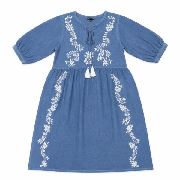Nomad Sari On the Med Collection - Dress - Dusky Blue with Embroidery and Tassels (M-L)