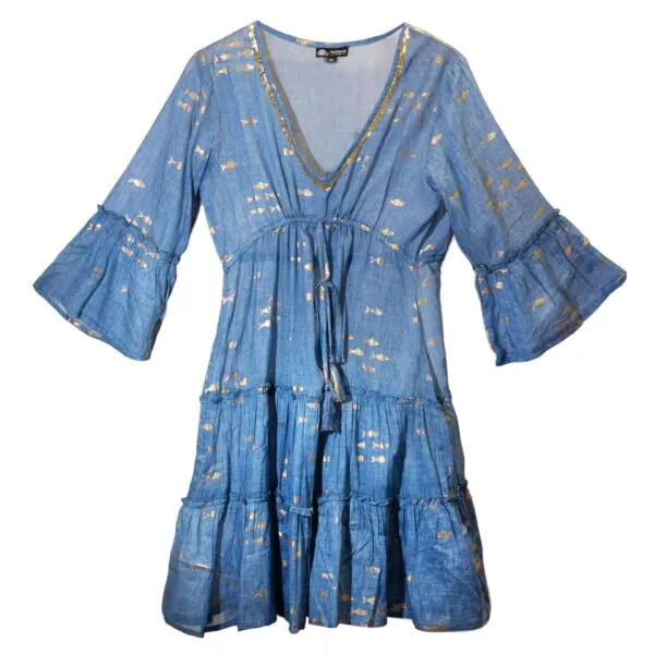 Nomad Sari Sea Blue and Gold Fish Print Dress (M/L)