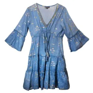 Nomad Sari Sea Blue and Gold Fish Print Dress (L/XL)