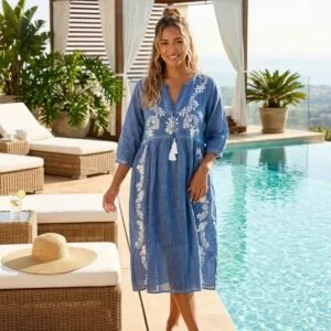 Nomad Sari On the Med Collection - Dress - Dusky Blue with Embroidery and Tassels (M-L)