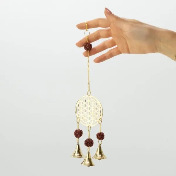 Indian Chimes - Brass Flower of Life with Rudraksha Beads - 3 Bells