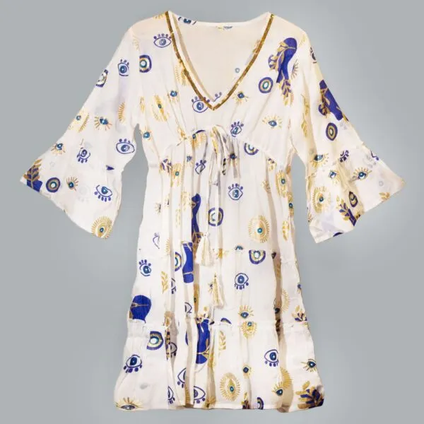 Nomad Sari Evil Eye Dress – White, Blue and Gold – Size L/XL