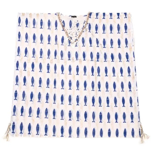 Nomad Sari On the Med Collection - Kaftan - White and Blue Bold Fish Print